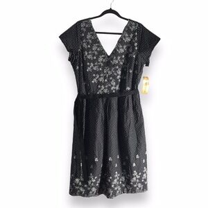 Notations Dress Size 1X Black Midi V-Neck‎ Embroidered Polka Dot Floral Feminine